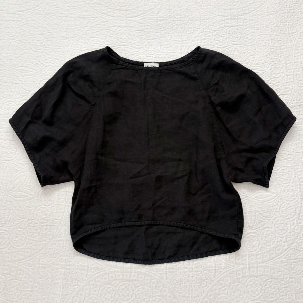 Prairie Underground Black Organic Linen Hemp High Low Short Sleeve Top Small‎